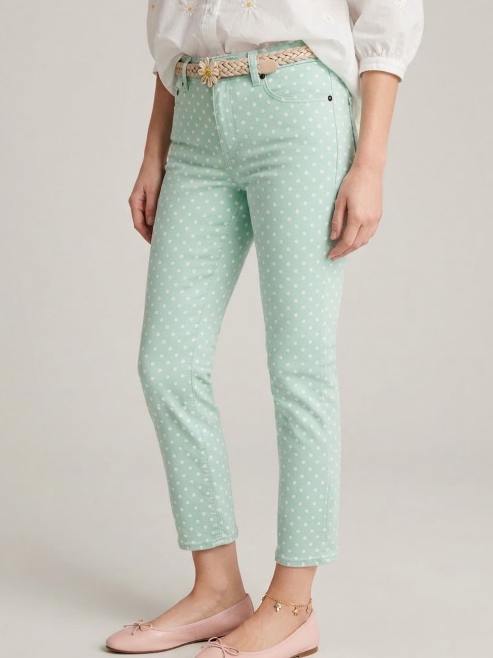 NWOT J.Crew Mint White Polka Dot Cropped Matchstick Skinny Jeans Pants  Preppy